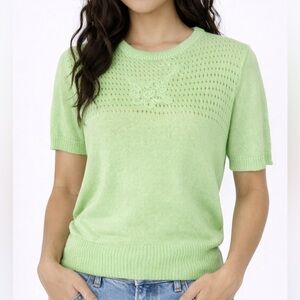 Vintage Pellini Imports Sweater Top M Lime Green Pointelle Knit Short Sleeve